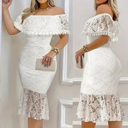 Women's Elegant Floral Lace Off The Shoulder Dress Scallop Trim Party Wedding Guest Bodycon Dress