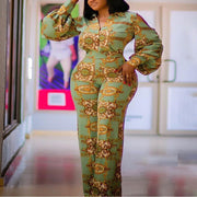 Women's Green and Gold Off Shoulder Lantern Sleeved Jumpsuit