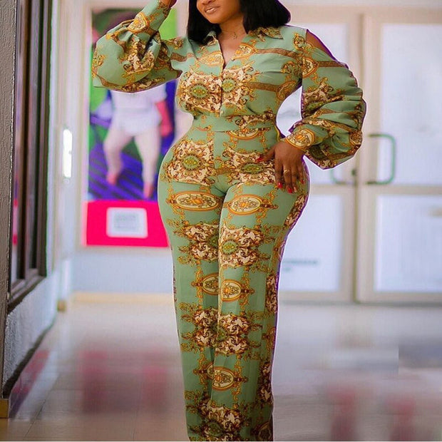 Women's Green and Gold Off Shoulder Lantern Sleeved Jumpsuit