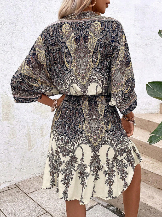 Paisley Print Batwing Tassel Dress