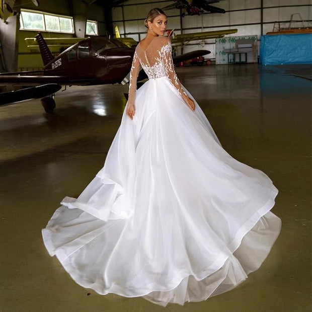 Embroidered Long Lace Sleeved Off-The-Shoulder Wedding Dress
