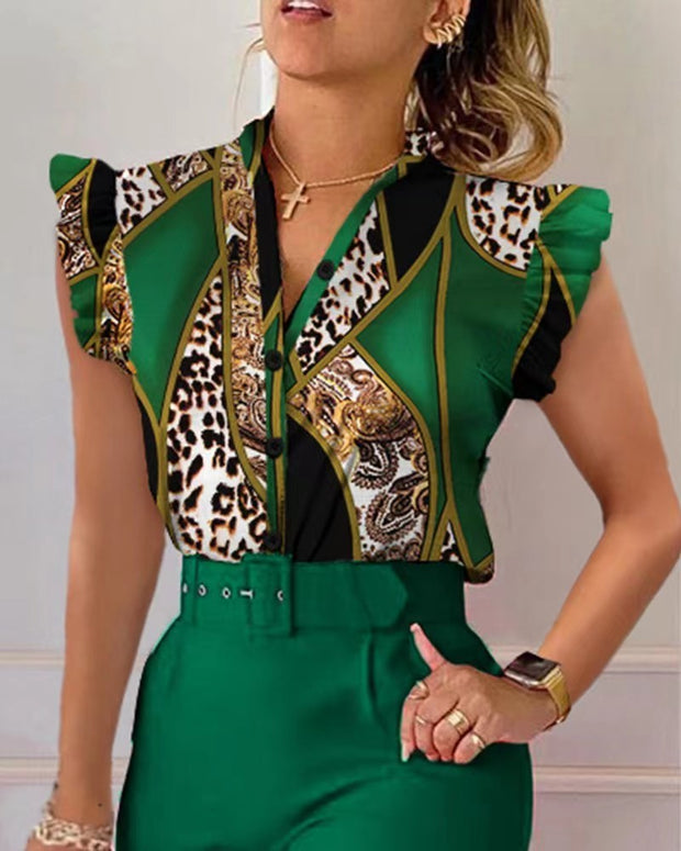 Women's Elegant Ruffled Sleeved Pants Suit With Belt