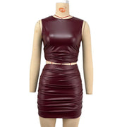 PU Leather Sleeveless Midriff-baring Pleated Skirt Suit