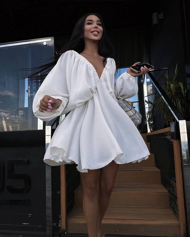 V-neck Lantern Sleeve Dress