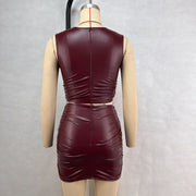 PU Leather Sleeveless Midriff-baring Pleated Skirt Suit