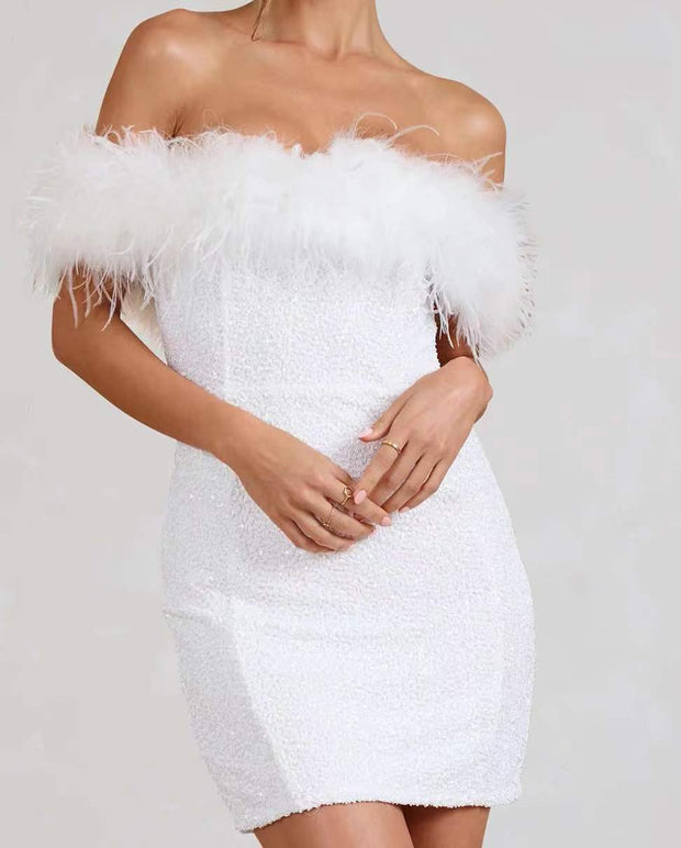 Feather Sequins Evening Dress