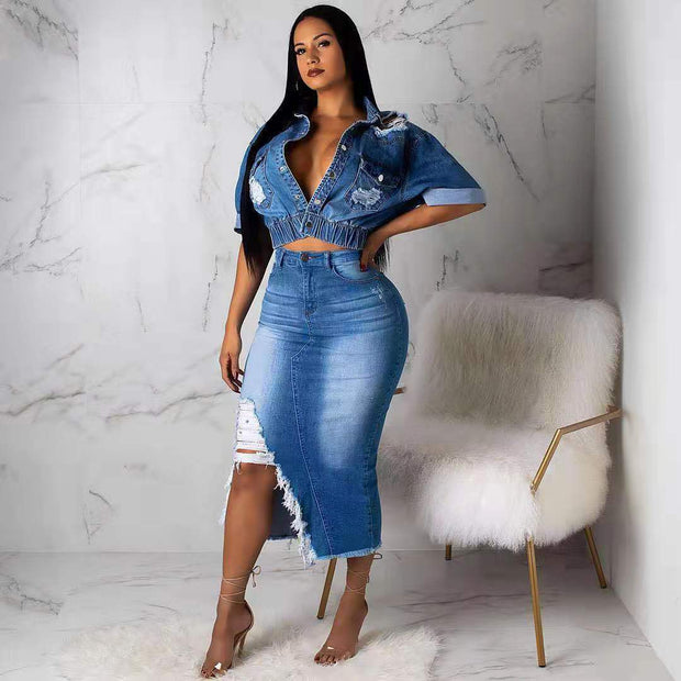Frosted Denim Wash Skirt Suit