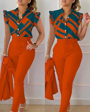 Women's Elegant Ruffled Sleeved Pants Suit With Belt