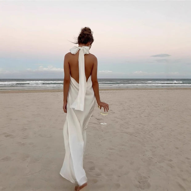 Women's Vintage White Crochet Halter Evening Dress