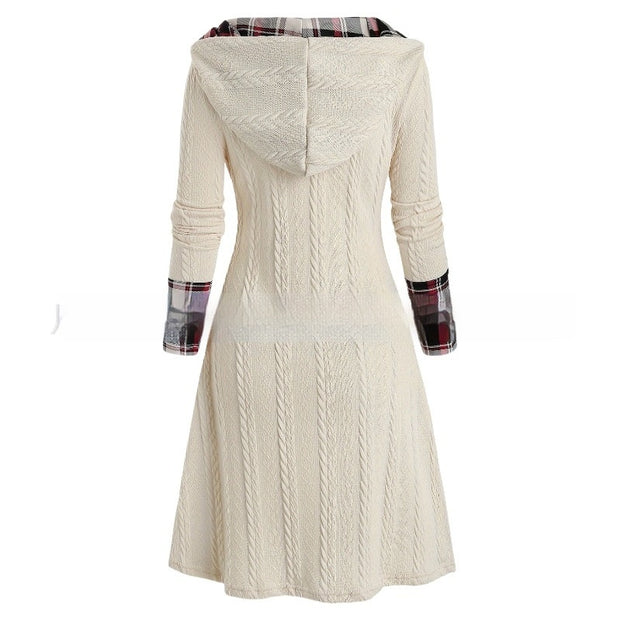 European And American Knitted Hooded Dress Plaid Printed