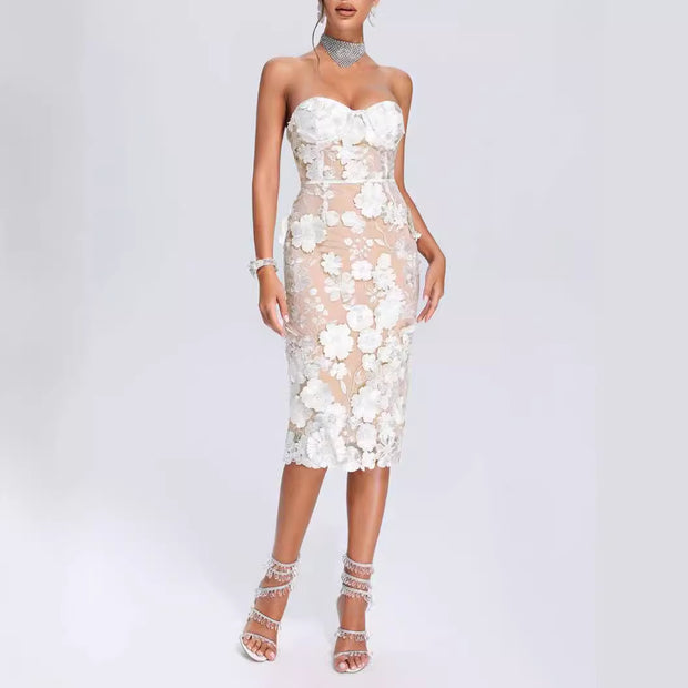Elegant Lace Three-Dimensional Flower Bomb Dress