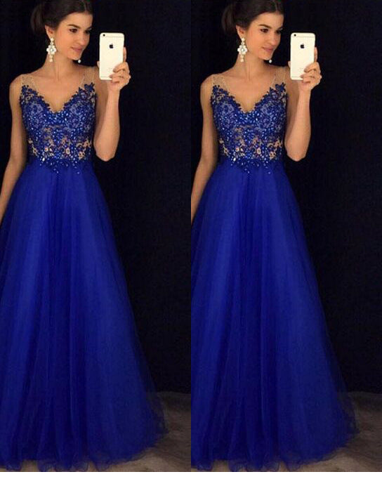 Elegant Blue Backless Beaded Chiffon Ball Dress