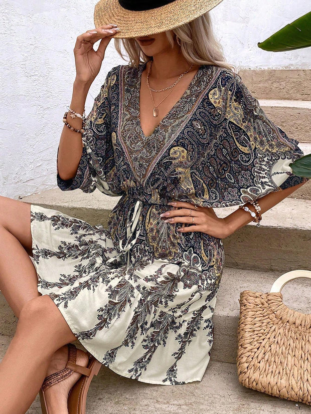 Paisley Print Batwing Tassel Dress