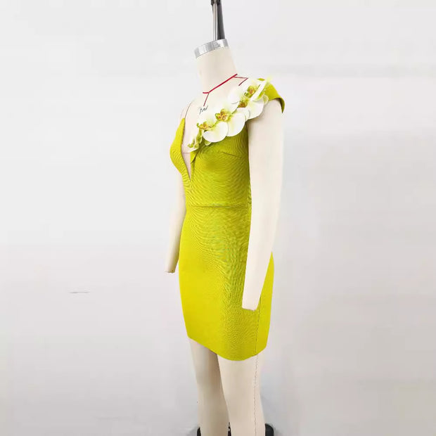 Oblique Shoulder Flower Bandage Dress Evening Dress