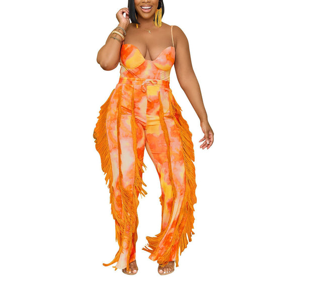 Women's Tinsel Tassel Sling Jumpsuit Two-Piece Set