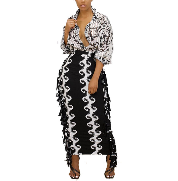 European And American Creative Casual Slim-fit Tassel Black And White Print Sexy Skirt