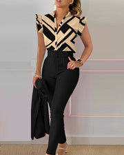 Women's Elegant Ruffled Sleeved Pants Suit With Belt