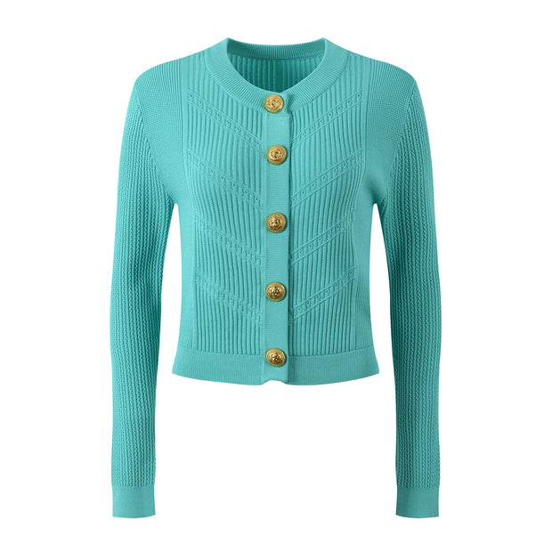 New Round Neck Metal Button Knitted Top Mid-Length Dress Set