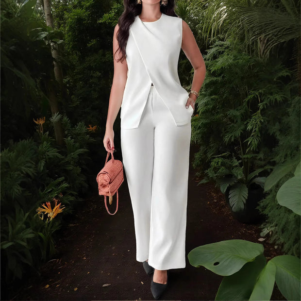 Women's Sleeveless Two-piece Pants Suit w/Belt