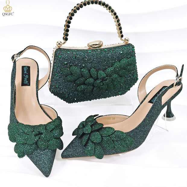 Ladies Leaf Shoes and Purse Set Handmade Wine Glass Heel