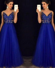 Elegant Blue Backless Beaded Chiffon Ball Dress