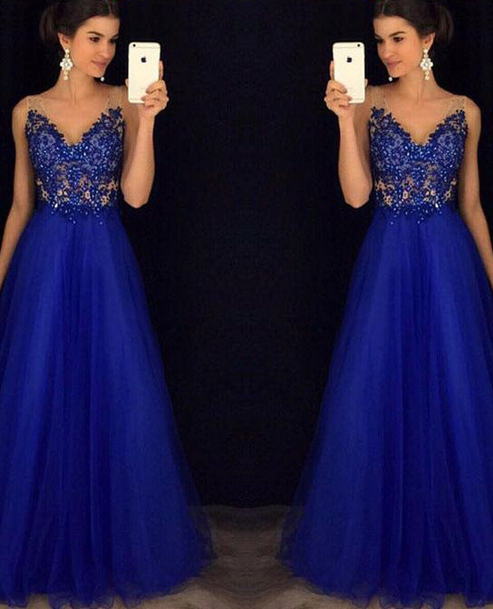 Elegant Blue Backless Beaded Chiffon Ball Dress