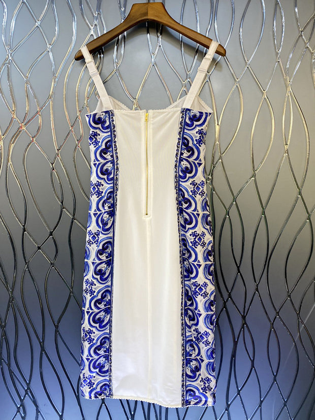 Vintage Blue And White Porcelain Print V-Neck Sleeveless Body Dress