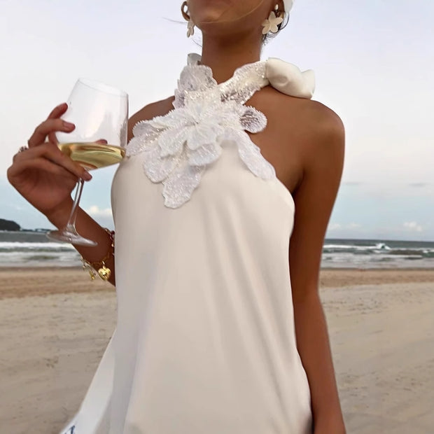 Women's Vintage White Crochet Halter Evening Dress