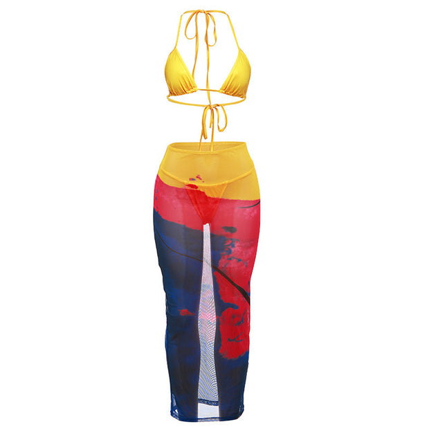 Digital Printing Halter Wrapped Chest High Waist Sheath Dress Suit