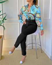 Women's Long-Sleeved Shirt Pants Suit with Belt