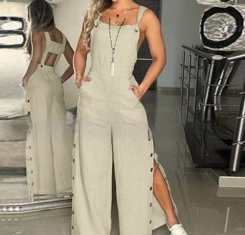 Women's Solid Color Sleeveless Side Pocket Casual Wide Leg Jumpsuit