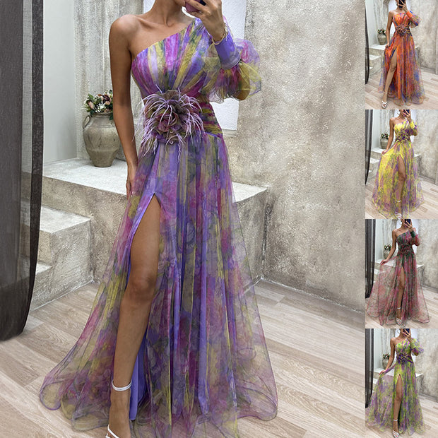 Elegant One-Shoulder Mystic Garden Dress