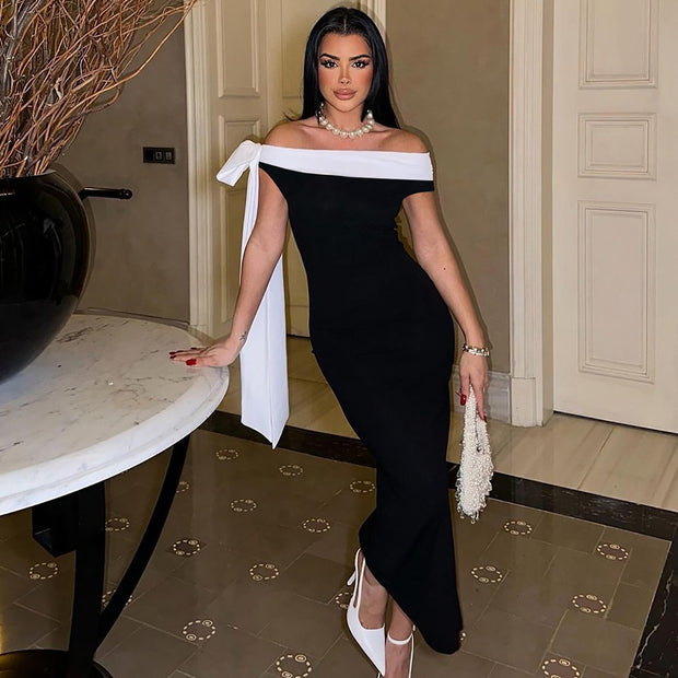 Women's Fashion Off-Shoulder White Ribbon In The Sky Dress