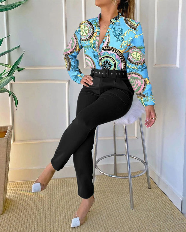 Women's Long-Sleeved Shirt Pants Suit with Belt