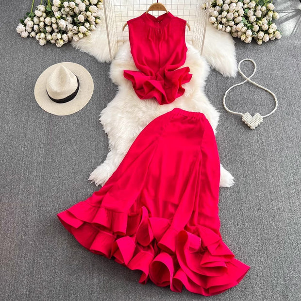 Women's Stand Collar Ruffled Fishtail Skirt Suit