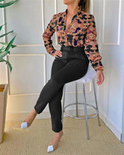 Women's Long-Sleeved Shirt Pants Suit with Belt