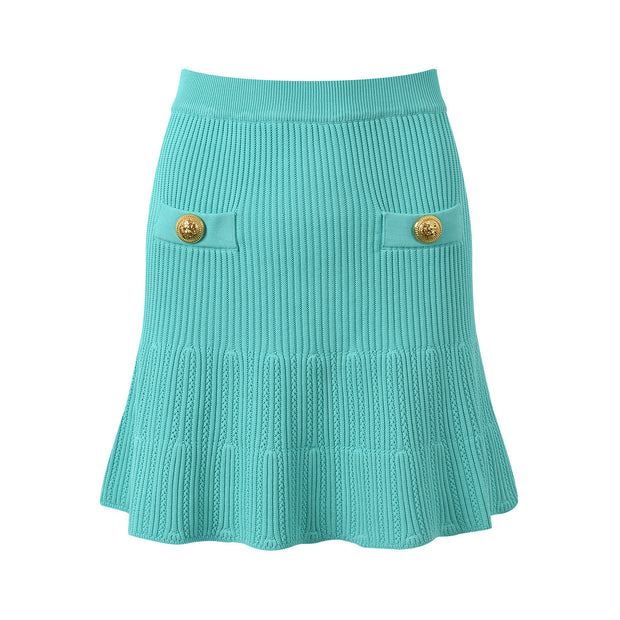 New Round Neck Metal Button Knitted Top Mid-Length Dress Set
