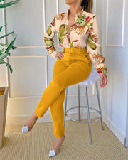 Women's Long-Sleeved Shirt Pants Suit with Belt