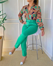 Women's Long-Sleeved Shirt Pants Suit with Belt