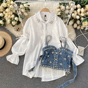 Diamond Beaded Puff Sleeve Shirt Top Tassel Pearl Sling Vest Two-Piece Set