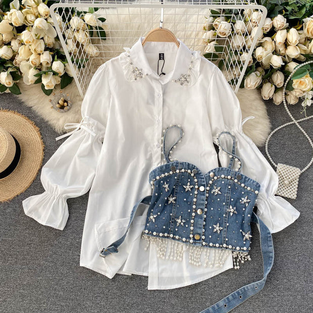 Diamond Beaded Puff Sleeve Shirt Top Tassel Pearl Sling Vest Two-Piece Set