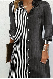 Stylish Striped Print Color Block Shirt Dress - Versatile Long Sleeve For Chic
