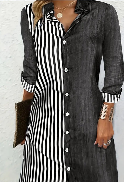 Stylish Striped Print Color Block Shirt Dress - Versatile Long Sleeve For Chic