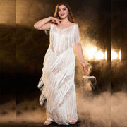 Solid Color Tassel V-neck Backless Sleeveless Sheath Evening Dress