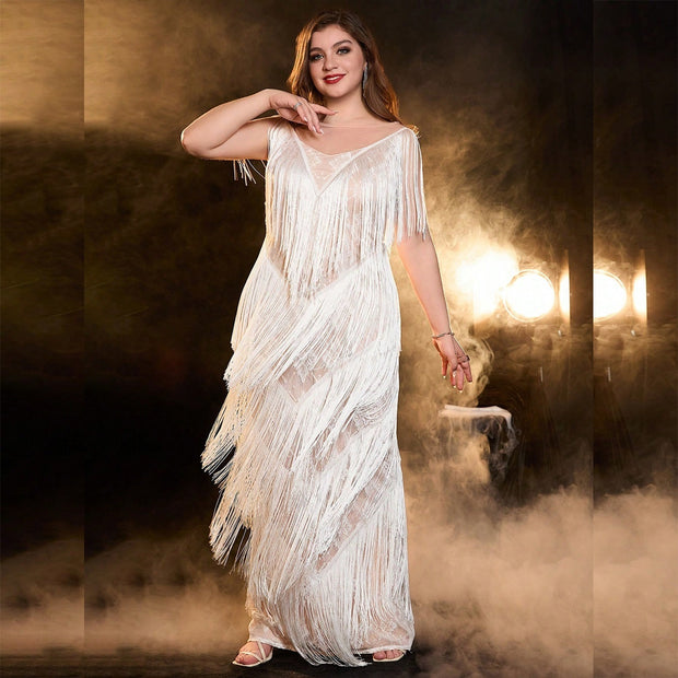 Solid Color Tassel V-neck Backless Sleeveless Sheath Evening Dress