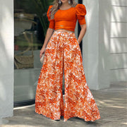 Puff Sleeved Cross Hem Wide Legged Pants Suit
