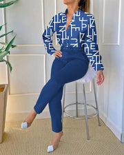 Women's Long-Sleeved Shirt Pants Suit with Belt