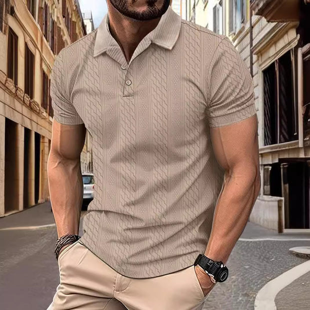 Solid Color Polo Collar Men's Button Jacquard Short Sleeved Shirt