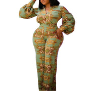 Women's Green and Gold Off Shoulder Lantern Sleeved Jumpsuit