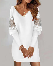 Lace Long-Sleeved V-Neck Splicing Dress